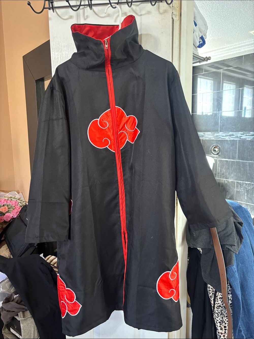 Naruto Kids Black and Red Ninja Cloak Costume with Red Cloud Accents